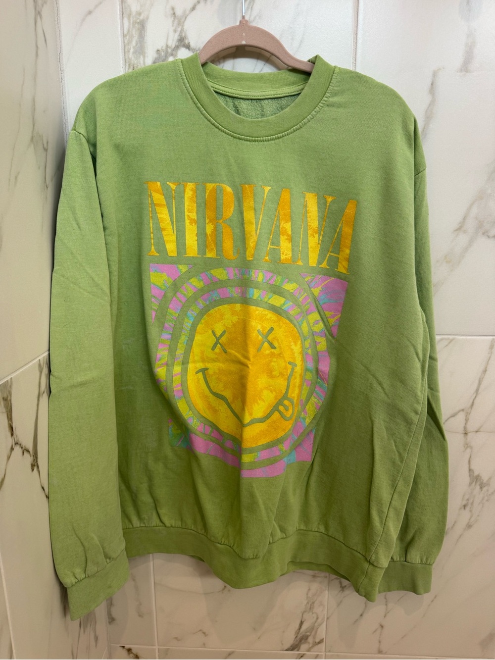 NIRVANA Green Crewneck with Gold Smiley Graphic
